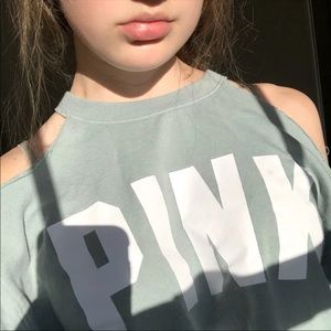 green PINK shoulderless crop top